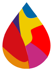 Ícono en forma de gota con segmentos de color azul, amarillo, rojo, naranja y morado
