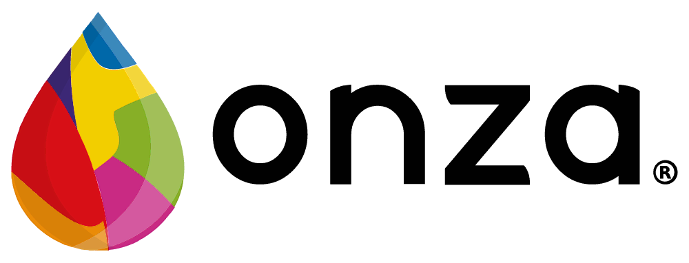 Logo de Onza Marketing con símbolo multicolor de una onza y nombre de la marca en negro
