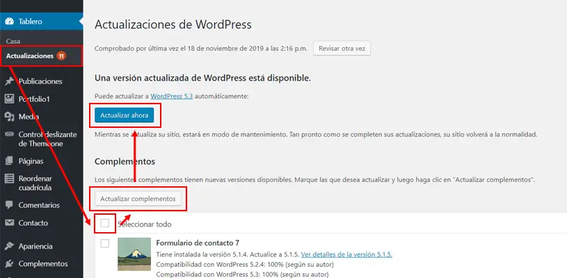 se muestra el apartado de actualizaciones en el escritorio de wordpress