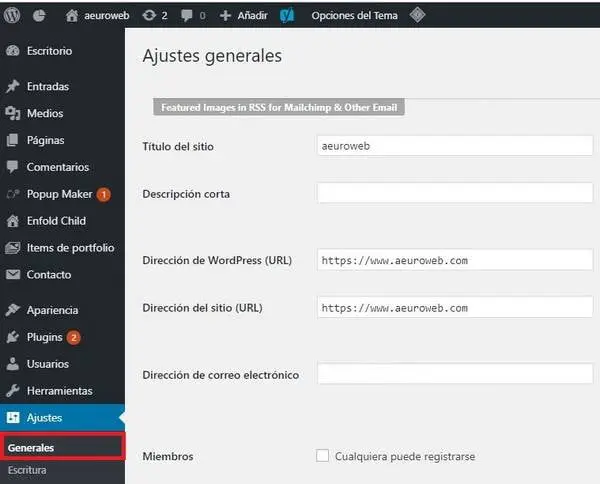 se muestra el apartado de ajustes en wordprees