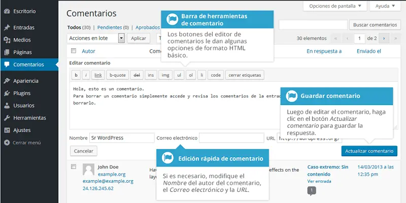 se muestra el apartado de comentarios en el escritorio