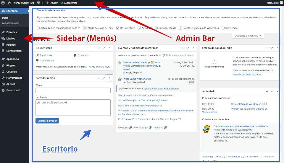 apartado de menu en el dashboard de wordpress