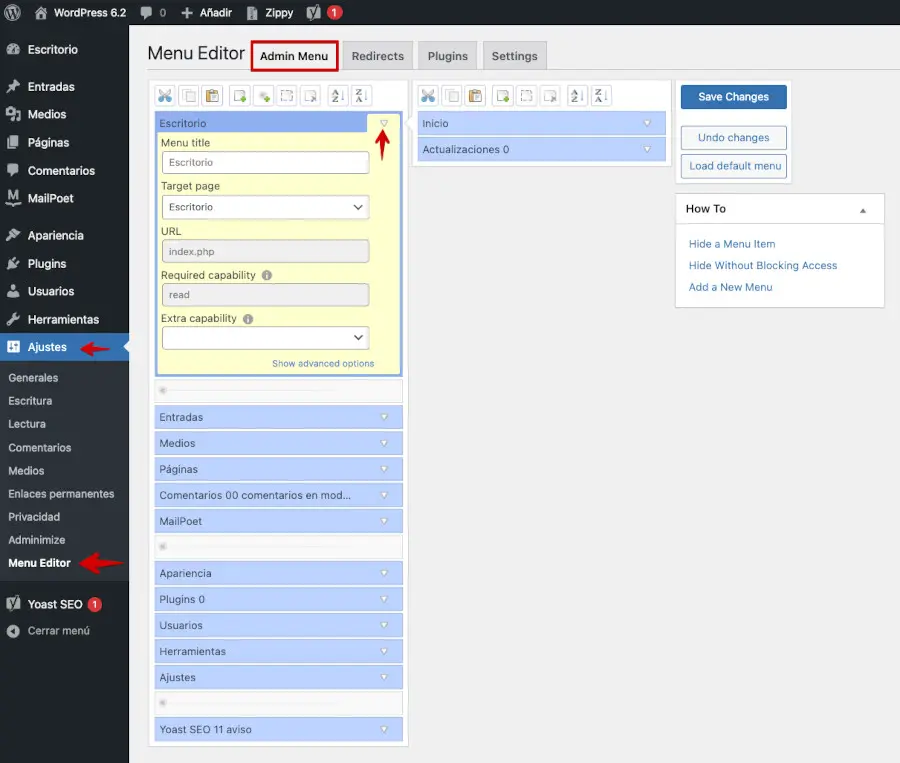 opciones para editar el menu de dashboard