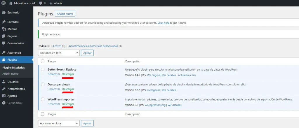 se muestra la parte de pluggis para wordpress