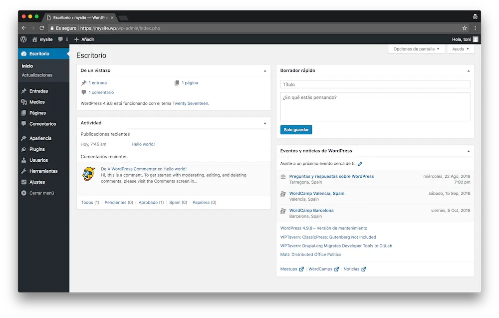 se denota el escritorio de wordpress en general