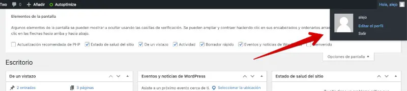 señalización de como utilizar el dashboard de wordpress