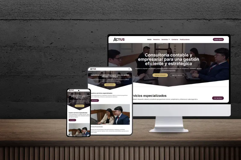 Agencia de diseño web mostrando proyecto Actus en versión desktop, tablet y móvil