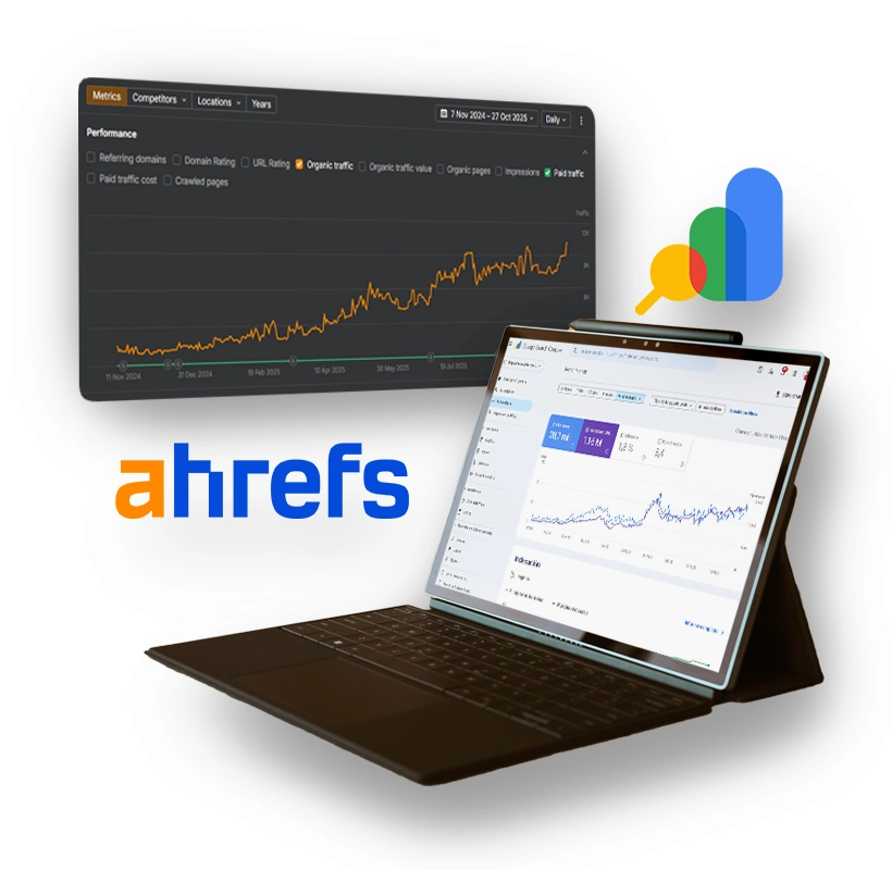 Gráficos de crecimiento web y métricas de rendimiento que representan una Agencia SEO en Lima Perú