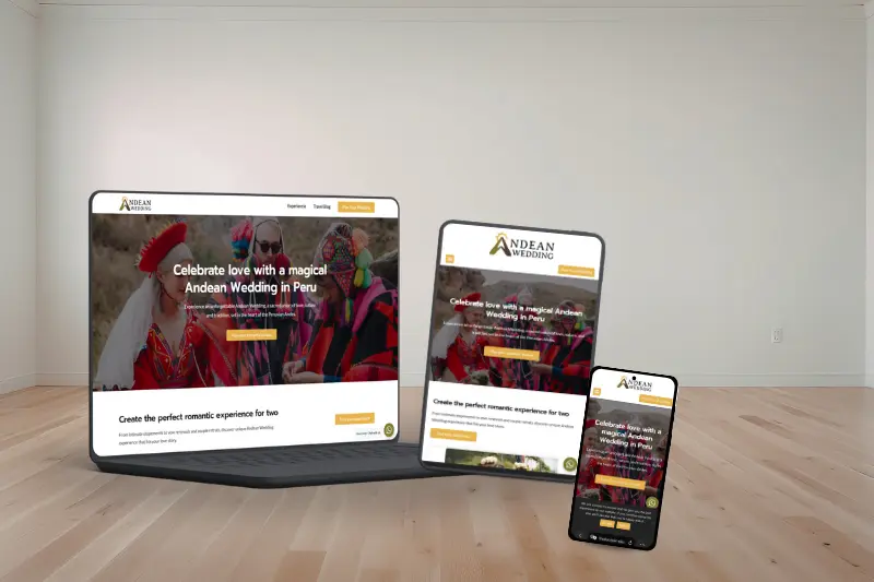 Agencia de diseño web mostrando proyecto Andean Wedding en versión escritorio, tablet y móvil