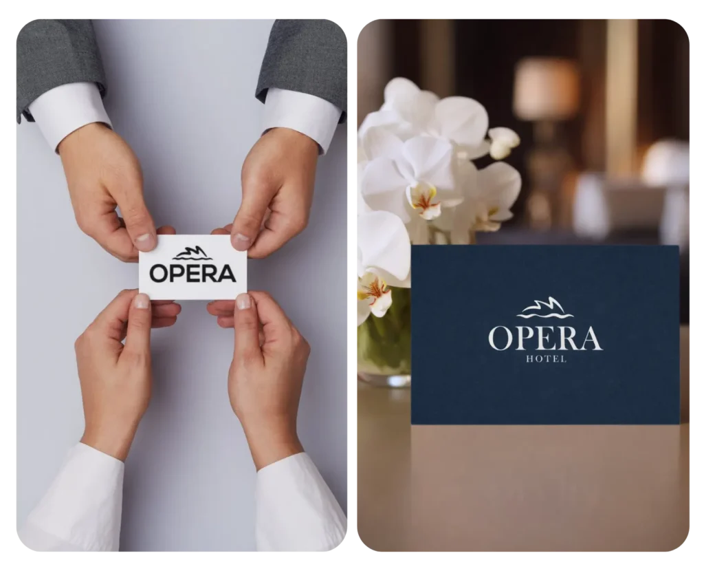 Comparación del logo de Hotel Opera antes y después del proceso de rebranding aplicado en piezas corporativas y mockup hotelero