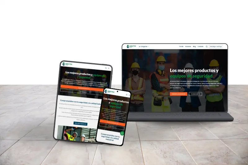 Diseño web para Indutex mostrando versión adaptativa en escritorio, tablet y móvil
