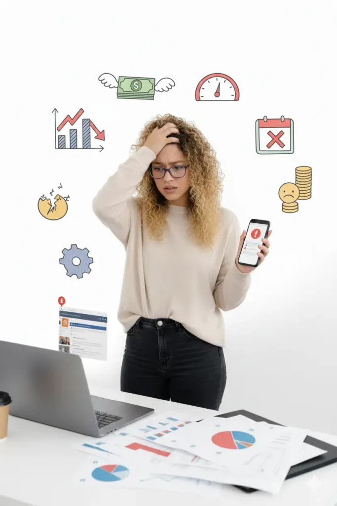 Empresaria confundida analizando métricas sin claridad sobre qué canal escalar, señal de que necesita una agencia de growth hacking.