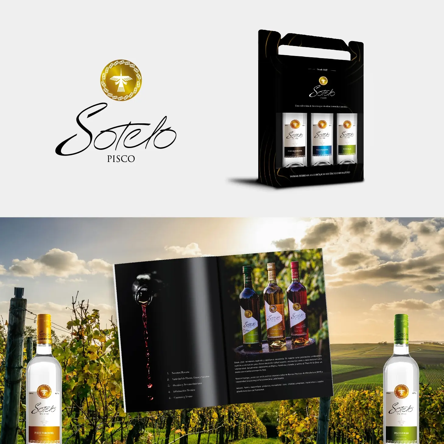 Servicio de rebranding para Piscos y Vinos Sotelo con rediseño de identidad visual y aplicación en etiquetas y material promocional