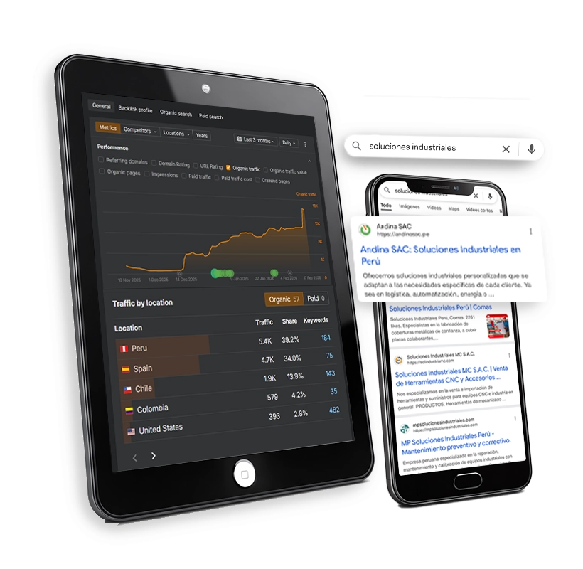 Tablet y smartphone mostrando métricas y crecimiento de tráfico como representación de agencia SEO