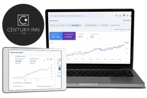 Mockup de laptop y tablet con métricas de Google Search Console y Google Analytics para Hotel Century