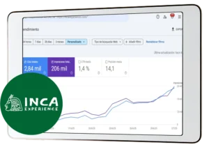 Mockup de tablet con métricas de Google Search Console e identidad visual de Inca Experience