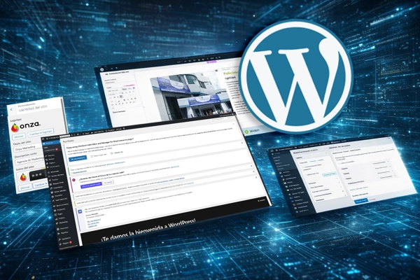 Composición digital mostrando el logo de WordPress y diversas pantallas de administración de un sitio web autogestionable.