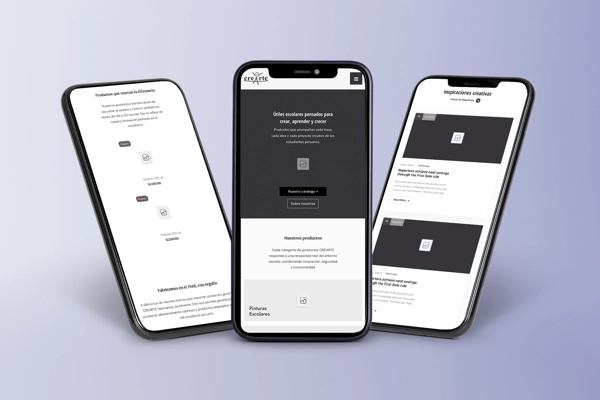 Tres smartphones mostrando el diseño de interfaces móviles coherentes y modernas en modo oscuro y claro.