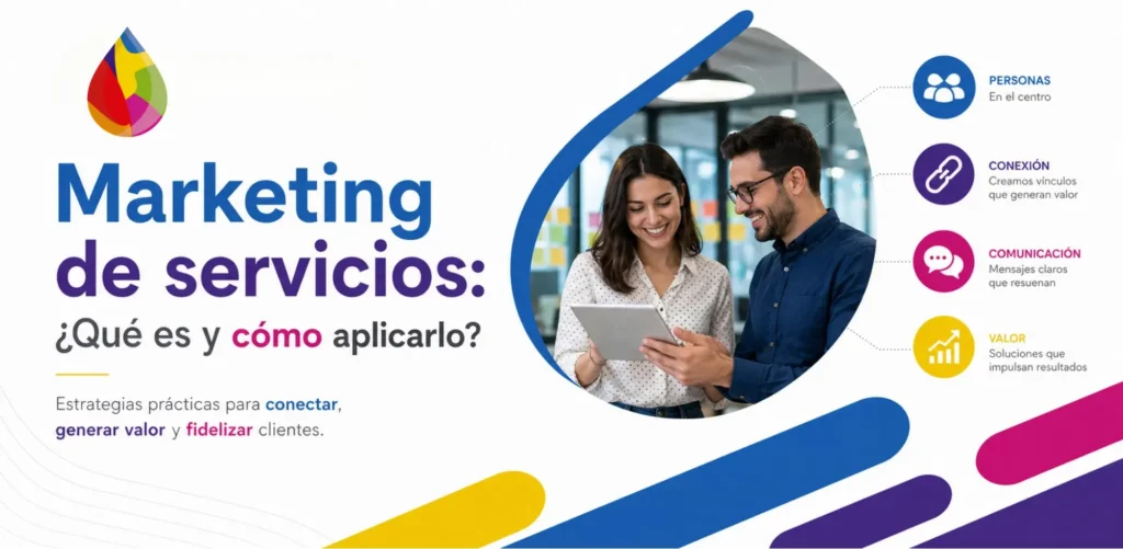 Portada de blog sobre marketing de servicios con elementos visuales de estrategia, conexión, comunicación y valor para atraer y fidelizar clientes