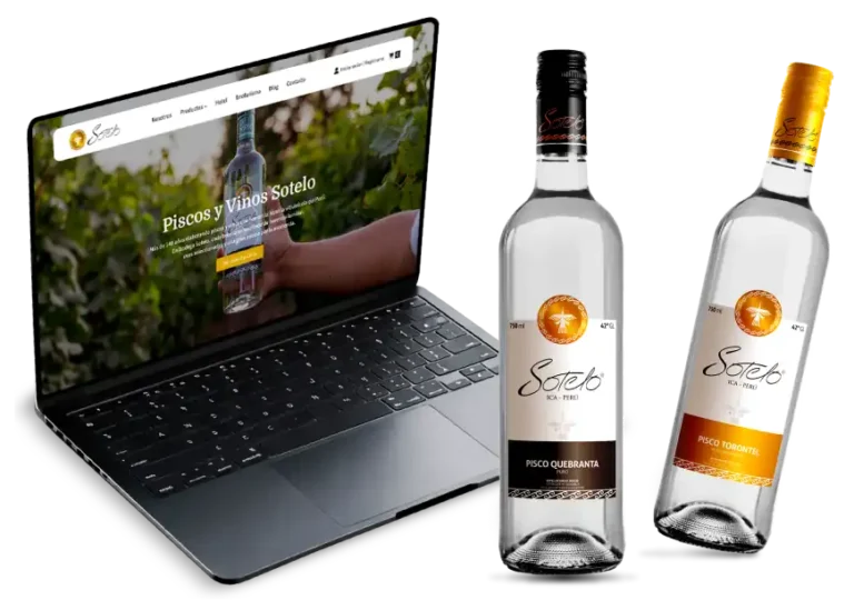 Mockup de página web de Sotelo Piscos y Vinos junto a dos botellas de pisco peruano.