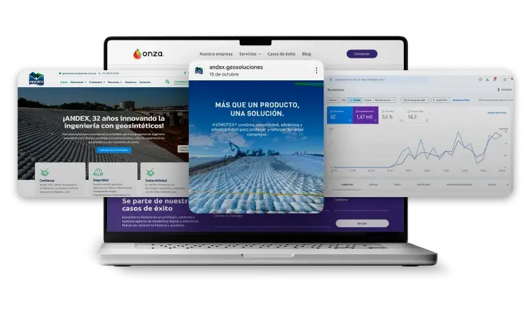 Mockup de laptop con sitio web de Onza Marketing, caso de éxito, publicación digital y métricas de rendimiento