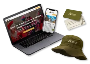 Mockup de laptop, celular, tarjetas y gorra de Andean Wedding