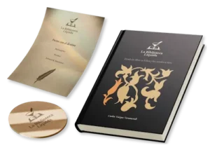 Mockup de libro, carta y posavasos de Biblioteca Líquida