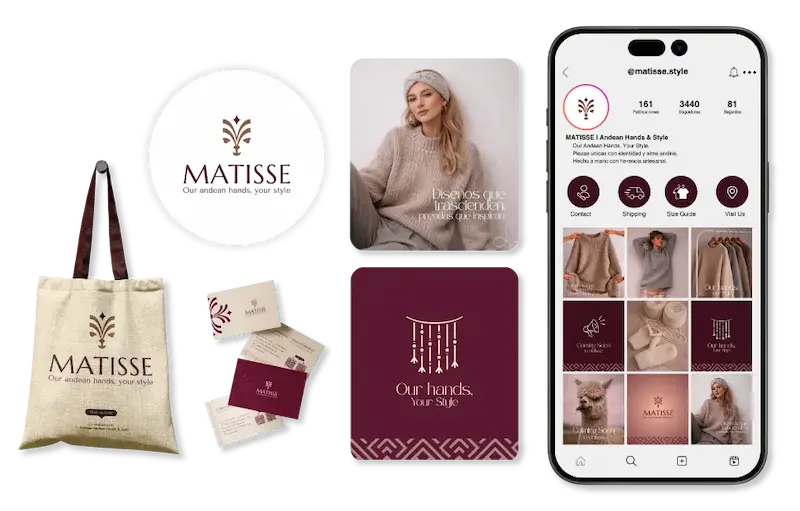 Aplicaciones de identidad de Matisse en bolsa, tarjetas, piezas visuales y perfil móvil