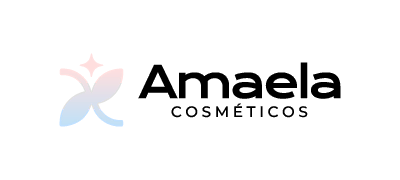Imagen del logotipo de Amaela Cosméticos, compuesto por un isotipo floral abstracto en tonos rosa claro y celeste, acompañado del nombre de la marca en tipografía negra. El diseño transmite una identidad visual delicada, estética y vinculada al rubro de cosmética.