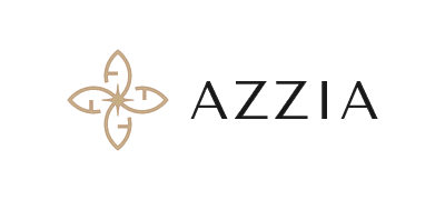 Logo de Azzia con isotipo floral en tono dorado y tipografía negra