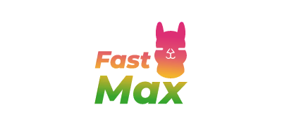 Logo de Fast Max con letras inclinadas en degradado y una llama en tonos rosa y amarillo tipo sunset