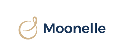 Logo de Moonelle con isotipo circular dorado y tipografía azul