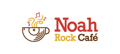 Logo de Noah Rock Café con taza musical y tipografía roja y dorada