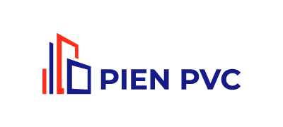 Logo de PIEN PVC con isotipo arquitectónico rojo y azul