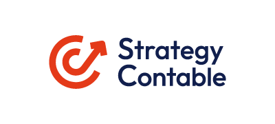 Logo de Strategy Contable con ícono rojo de flecha y tipografía azul