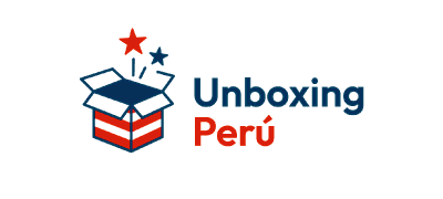 Logo de Unboxing Perú con caja abierta, estrellas y tipografía azul y roja
