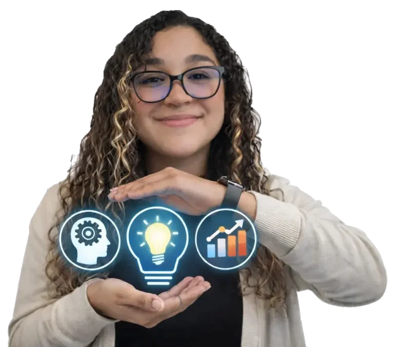 Mujer sosteniendo íconos de neuropsicología, marketing y ciencias administrativas como representación de la metodología de una agencia de marketing digital