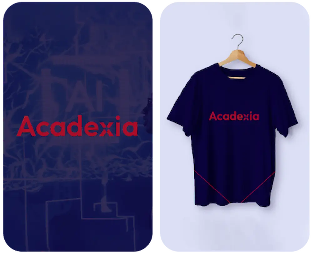 Identidad visual de Acadexia aplicada en gráfica azul y camiseta con el nombre de la marca