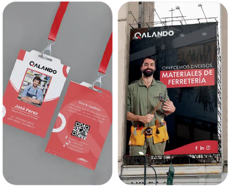Materiales visuales de Qalando con credenciales rojas y anuncio exterior de ferretería
