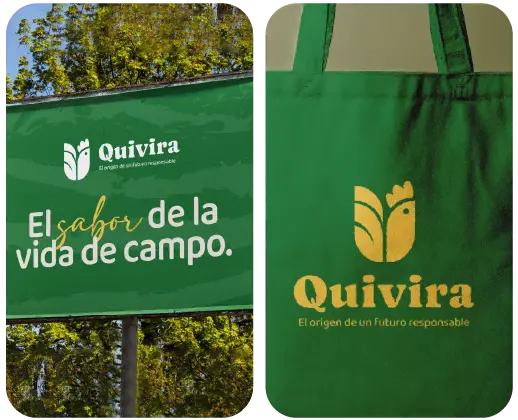 Materiales visuales de Quivira con gráfica verde y mensaje el sabor de la vida de campo