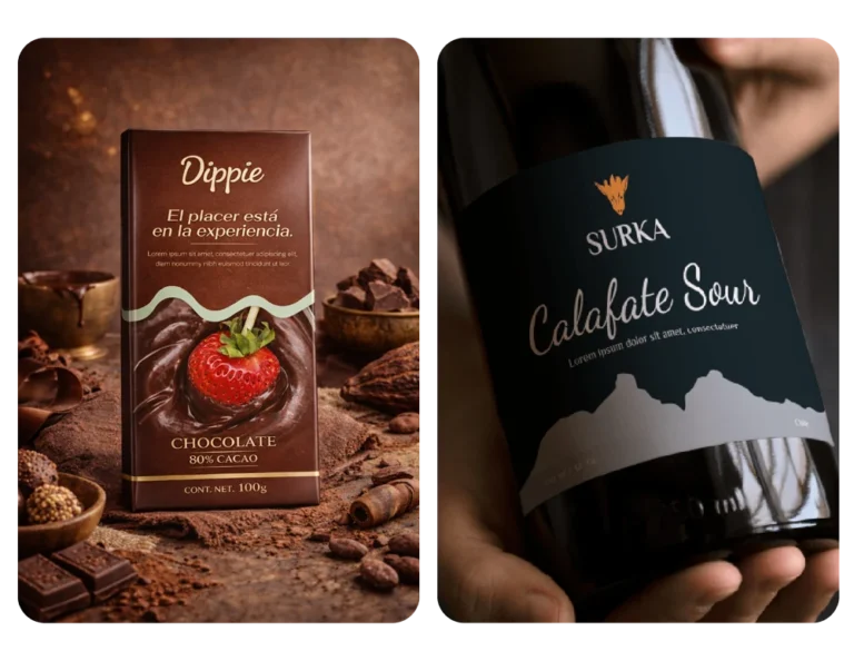 Diseño de packaging para chocolate Dippie y etiqueta de bebida Surka como ejemplo de branding de marca