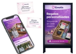 Mockup de piezas de diseño gráfico para Emotis con catálogo móvil, tarjetas de agradecimiento y panel publicitario de regalos personalizados