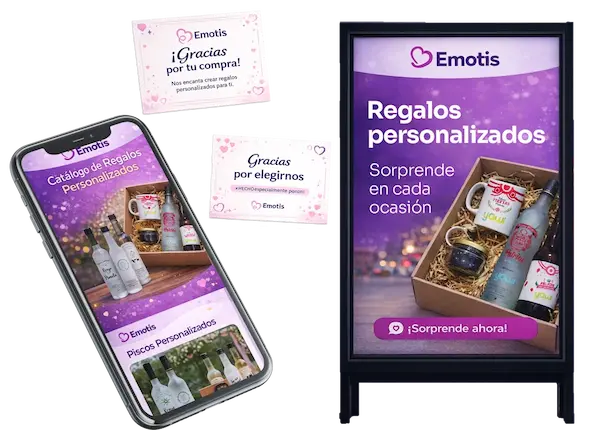 Mockup de piezas de diseño gráfico para Emotis con catálogo móvil, tarjetas de agradecimiento y panel publicitario de regalos personalizados