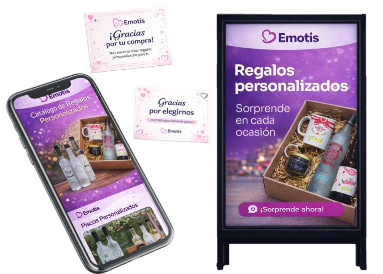 Mockup de piezas de diseño gráfico para Emotis con catálogo móvil, tarjetas de agradecimiento y panel publicitario de regalos personalizados