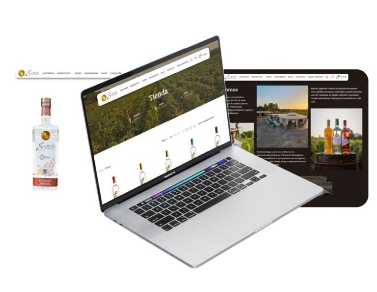 Mockup de tienda virtual de Sotelo en laptop con páginas de productos y una botella de pisco como ejemplo de e-commerce
