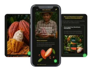 Mockup de páginas web en celular con diseño responsive para Inka Selection y contenido sobre cacao peruano