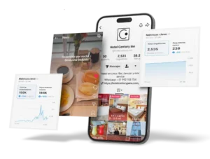 Mockup de redes sociales en celular con perfil de hotel, reel de contenido y paneles de métricas de rendimiento