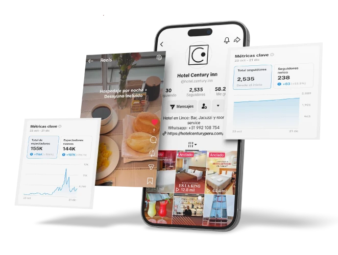 Mockup de redes sociales en celular con perfil de hotel, reel de contenido y paneles de métricas de rendimiento