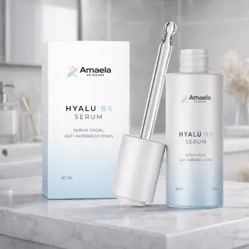Producto cosmético Amaela Hyalu B5 Serum con envase y caja sobre superficie de mármol