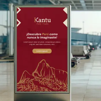Panel publicitario de Kantu Perú Tours con gráfica roja inspirada en Machu Picchu